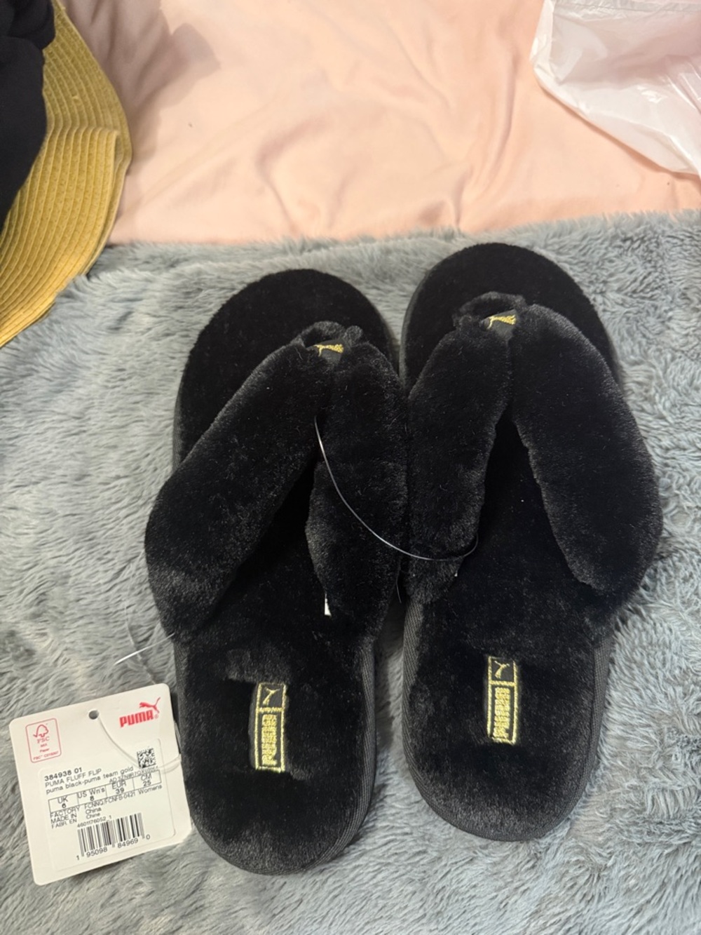 Puma Black Plush Flip Flop Slippers with Gold Logo